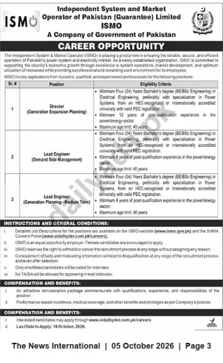 Newspaper clipping: ISMO Career Opportunities — Director (Generation Expansion Planning) & Lead Engineers, The News International, 05 Oct 2026