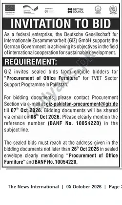 Newspaper clipping: GIZ Pakistan Invitation to Bid: Procurement of Office Furniture (BANF No. 10054220), The News International, 05 Oct 2026