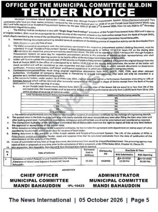 Newspaper clipping: Municipal Committee Mandi Bahauddin Tender for Relocation of HT/LT Poles and Transformers, The News International, 05 Oct 2026