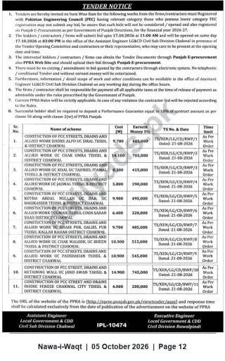 Newspaper clipping: Tender Notice: Construction of PCC Streets, Drains & Allied Works — Local Government & CDD Chakwal, Nawa-i-Waqt, 05 Oct 2026