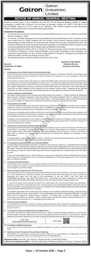 Newspaper clipping: Gatron (Industries) Limited — Notice of 46th Annual General Meeting on 2026-10-26, Dawn, 05 Oct 2026