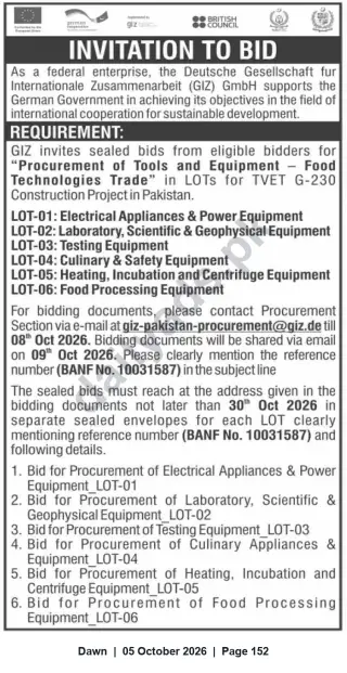 Newspaper clipping: GIZ Invitation to Bid — Procurement of Tools & Equipment for TVET G-230 (Food Technologies Trade) Pakistan, Dawn, 05 Oct 2026