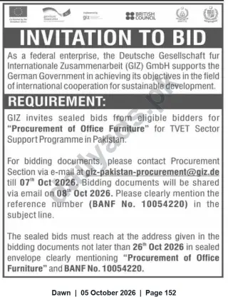 Newspaper clipping: GIZ Invitation to Bid — Procurement of Office Furniture for TVET Sector Support Programme (BANF No. 10054220), Dawn, 05 Oct 2026