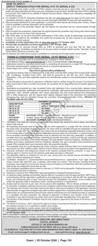 Newspaper clipping: Ayub Medical Teaching Institution (AMTI), Abbottabad — Vacancies (Serial #01–#35) — Apply via ETEA, Dawn, 05 Oct 2026
