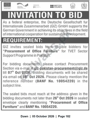 Newspaper clipping: GIZ Invitation to Bid: Procurement of Office Furniture for TVET Sector Support Programme, Pakistan, Dawn, 05 Oct 2026