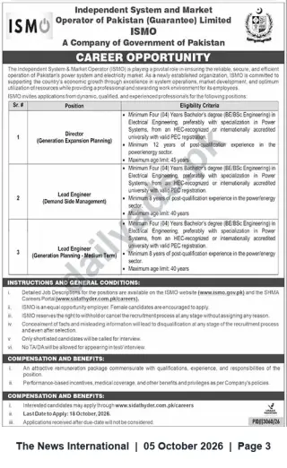 Newspaper clipping: ISMO Pakistan Career Opportunities — Director and Lead Engineer Positions (Apply by 2026-10-18), The News International, 05 Oct 2026