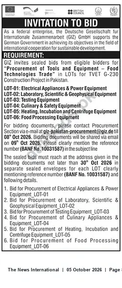Newspaper clipping: GIZ Pakistan Invitation to Bid — Tools & Equipment for Food Technologies (TVET G-230) LOTS, The News International, 05 Oct 2026