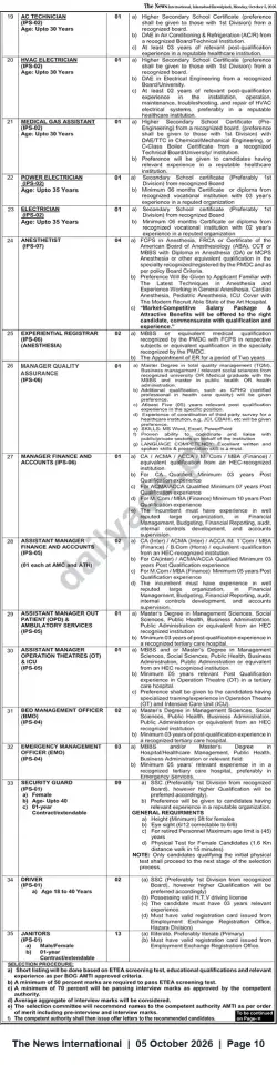 Newspaper clipping: Multiple Healthcare and Administrative Vacancies — Technical, Clinical & Support Staff, The News International, 05 Oct 2026