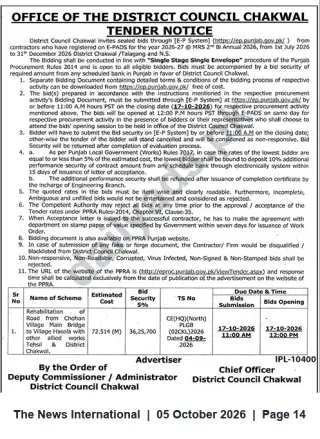 Newspaper clipping: Tender: Rehabilitation of Road from Chohan Village Main Bridge to Hasola — District Council Chakwal, The News International, 05 Oct 2026