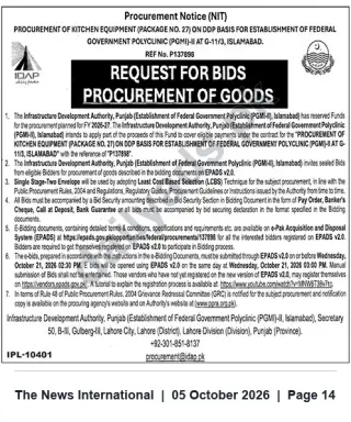 Newspaper clipping: Tender: Procurement of Kitchen Equipment (Package No. 27) for Federal Government Polyclinic (PGMI‑II), G‑11/3 Islamabad, The News International, 05 Oct 2026