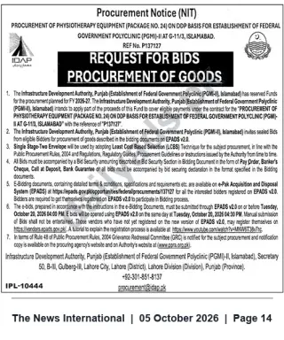 Newspaper clipping: Request for Bids: Procurement of Physiotherapy Equipment (Package No.24) for Federal Government Polyclinic, G-11/3 Islamabad, The News International, 05 Oct 2026