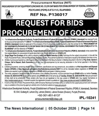 Newspaper clipping: Tender: Procurement of ENT Equipment (Ref. P136017) for Federal Government Polyclinic (PGMI-II), G-11/3 Islamabad, The News International, 05 Oct 2026