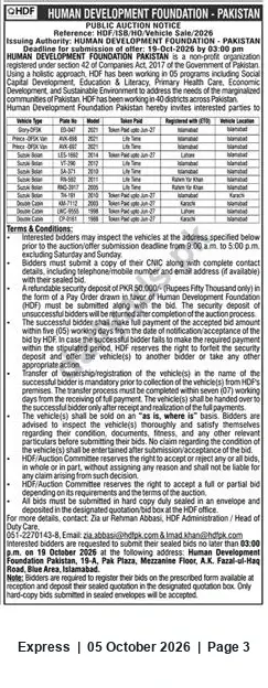 Newspaper clipping: HDF Pakistan Public Auction of Used Vehicles — Offers by 2016-10-19, Express, 05 Oct 2026