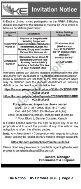 Newspaper clipping: K-Electric E‑Bidding Invitation for Disposal of Scrap Materials and Wood (07–12 Oct 2026), The Nation, 05 Oct 2026