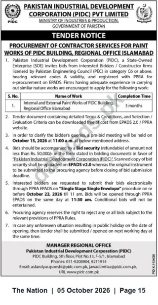 Newspaper clipping: PIDC Tender: Internal & External Paint Works — Regional Office Islamabad, The Nation, 05 Oct 2026