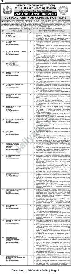 Newspaper clipping: Vacancy Announcement — MTI-Ath Ayub Teaching Hospital Abbottabad (Clinical & Non‑Clinical Positions), Jang, 05 Oct 2026