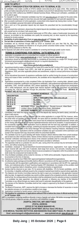 Newspaper clipping: Ayub Medical Teaching Institution (AMTI) Abbottabad — Vacancies (Serial #01–#35) including Hospital Director, Jang, 05 Oct 2026