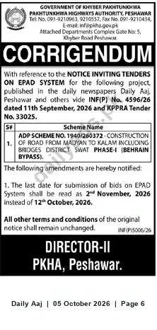 Newspaper clipping: PKHA Corrigendum: Tender Deadline Extended for Madayan–Kalam Road (Swat) ADP 1940/260372, Daily Aaj, 05 Oct 2026