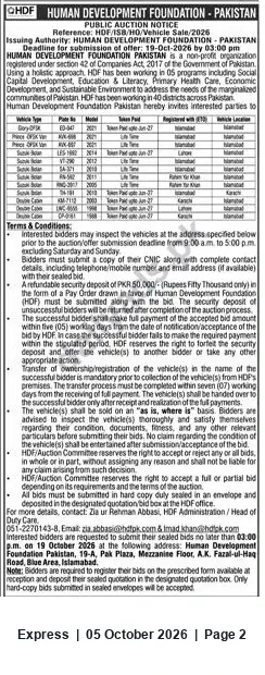 Newspaper clipping: Public Auction of Vehicles by Human Development Foundation Pakistan — Bid Deadline 2026-10-19, Express, 05 Oct 2026
