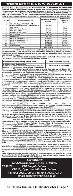Newspaper clipping: CTD Punjab Tender No. 07/CTD/2026-27 — Procurement of IT, Electronic & E-Services (e-Bids), The Express Tribune, 05 Oct 2026