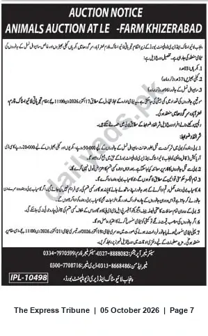 Newspaper clipping: Animals Auction at LE-Farm Khizerabad, The Express Tribune, 05 Oct 2026