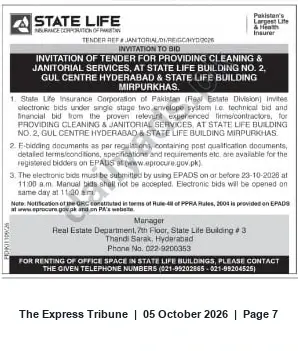 Newspaper clipping: State Life Invitation to Bid — Cleaning & Janitorial Services for Hyderabad and Mirpurkhas Buildings, The Express Tribune, 05 Oct 2026