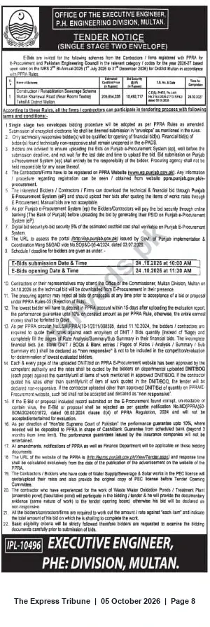 Newspaper clipping: PHE Division Multan Tender — E‑Bids for Civil Works (Single‑Stage, Two‑Envelope), The Express Tribune, 05 Oct 2026
