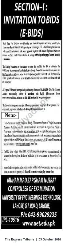 Newspaper clipping: UET Lahore Invitation to E‑Bids for Printing and Supply of Answer Books, The Express Tribune, 05 Oct 2026
