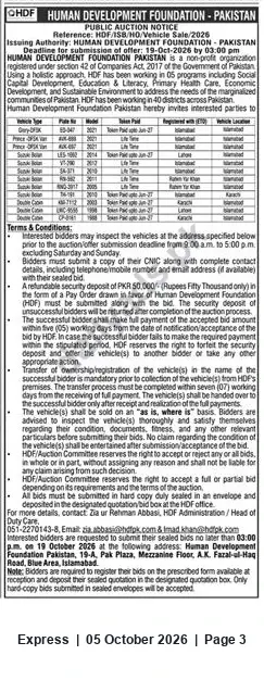 Newspaper clipping: Public Auction of Vehicles and Assets — Human Development Foundation Pakistan, Express, 05 Oct 2026