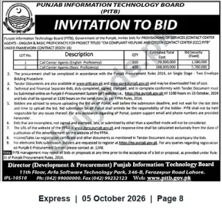 Newspaper clipping: PITB Invitation to Bid — Contact Center Agents for CM Complaint Helpline and Citizen Contact Center, Express, 05 Oct 2026