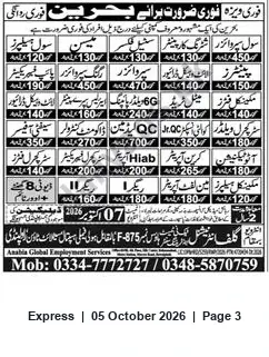 Newspaper clipping: Immediate Visa & Urgent Seafarer Requirements — Azabia Global Employment Services, Express, 05 Oct 2026