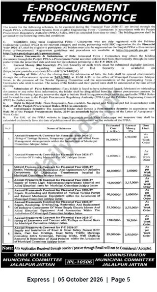 Newspaper clipping: E-Procurement Tender Notice — Annual Framework Contracts 2026-27 for Municipal Committee Jalalpur Jattan, Express, 05 Oct 2026
