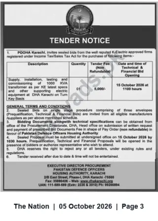 Newspaper clipping: PDOHA Karachi Tender: Supply, Installation & Commissioning of 1000 KVA Transformer — Bid Deadline 2026-10-15, The Nation, 05 Oct 2026