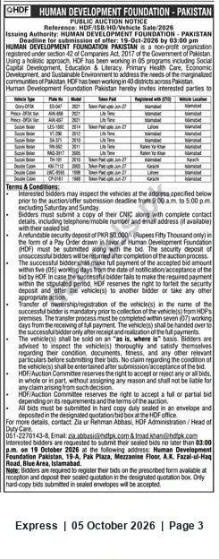 Newspaper clipping: HDF Pakistan Public Auction – Sealed Bids for Used Vehicles (Deadline 2026-10-19), Express, 05 Oct 2026