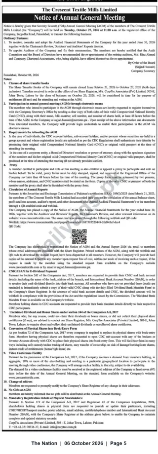 Newspaper clipping: The Crescent Textile Mills Ltd — Notice of 77th Annual General Meeting, The Nation, 06 Oct 2026