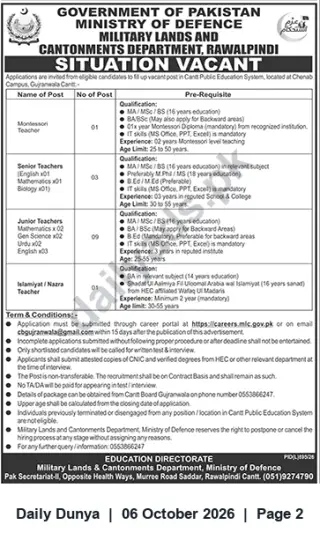 Newspaper clipping: Teaching Vacancies — Cantt Public Education System, Chenab Campus Gujranwala Cantt, Dunya, 06 Oct 2026