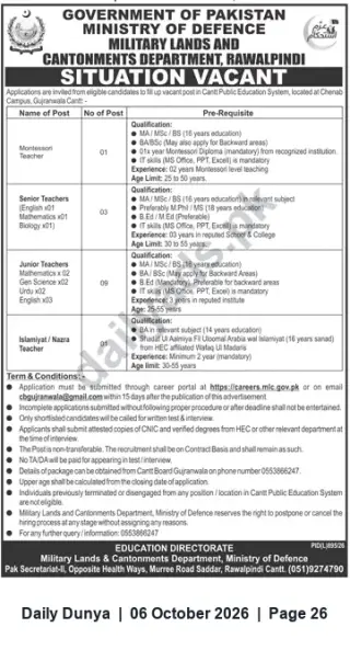 Newspaper clipping: Teaching Vacancies — Cantt Public Education System, Chenab Campus Gujranwala, Dunya, 06 Oct 2026