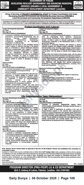 Newspaper clipping: Hiring: Project Incremental Staff for DREAMS‑I (PCU Lahore & CITs) — LG & CD Department, Punjab, Dunya, 06 Oct 2026