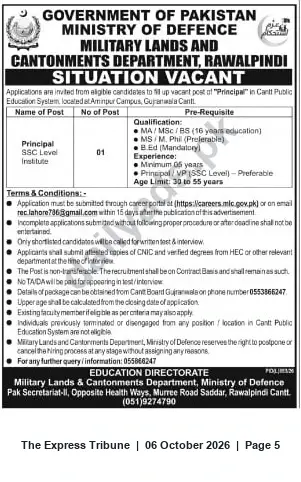 Newspaper clipping: Principal Vacancy — Cantt Public Education System (Military Lands & Cantonments Department), The Express Tribune, 06 Oct 2026