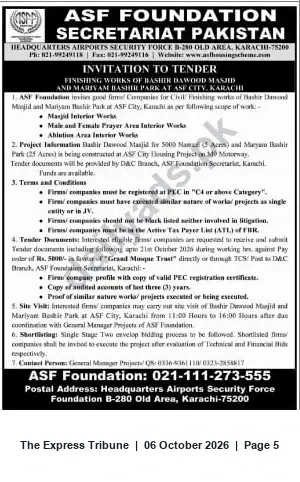 Newspaper clipping: ASF Foundation Tender: Finishing Works for Bashir Dawood Masjid & Mariyam Bashir Park, ASF City Karachi, The Express Tribune, 06 Oct 2026
