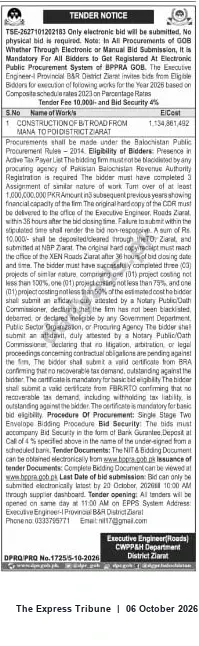 Newspaper clipping: Tender: Construction of BT Road in District Ziarat — Electronic Bidding, The Express Tribune, 06 Oct 2026