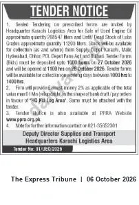 Newspaper clipping: Tender: Sale of Used Engine Oil & Left/Dead Lube Stock — HQ Karachi Logistics Area (Tender No. 01/UEO/2026), The Express Tribune, 06 Oct 2026