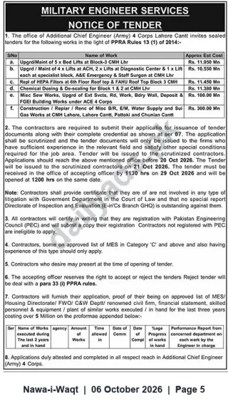 Newspaper clipping: Military Engineer Services (4 Corps Lahore Cantt) Notice of Tender for CMH & ACE 4 Corps Works, Nawa-i-Waqt, 06 Oct 2026