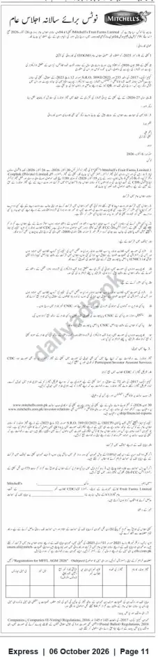 Newspaper clipping: Mitchell's Fruit Farms Limited — Notice of Annual General Meeting 2026, Express, 06 Oct 2026