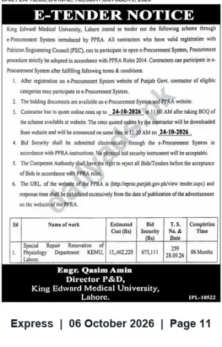 Newspaper clipping: E-Tender: Special Repair & Renovation of Physiology Department, King Edward Medical University, Lahore, Express, 06 Oct 2026