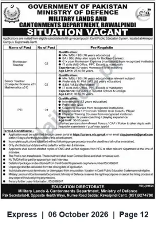 Newspaper clipping: Teaching Vacancies — Cantt Public Education System, Aminpur Campus, Gujranwala Cantt, Express, 06 Oct 2026