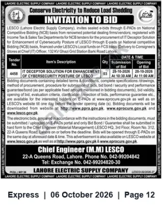 Newspaper clipping: LESCO Tender: IT Deceptor Solution for Enhancement of Cybersecurity Posture — Bid Due 2026-10-28, Express, 06 Oct 2026