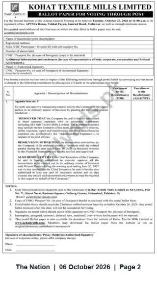 Newspaper clipping: Kohat Textile Mills Limited — Postal Ballot for Special Resolution (AGM 2026-10-27), The Nation, 06 Oct 2026