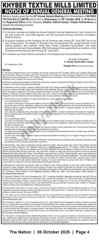 Newspaper clipping: Khyber Textile Mills Ltd — 65th Annual General Meeting Notice, The Nation, 06 Oct 2026