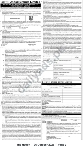 Newspaper clipping: United Brands Limited — Notice of 62nd Annual General Meeting and Postal Ballot (Karachi, 2026-10-27), The Nation, 06 Oct 2026